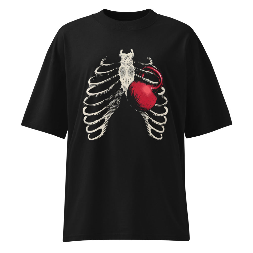 Ribcage Kettlebell en playera oversize de gym Gymbros — diseño al frente (vista fantasma)