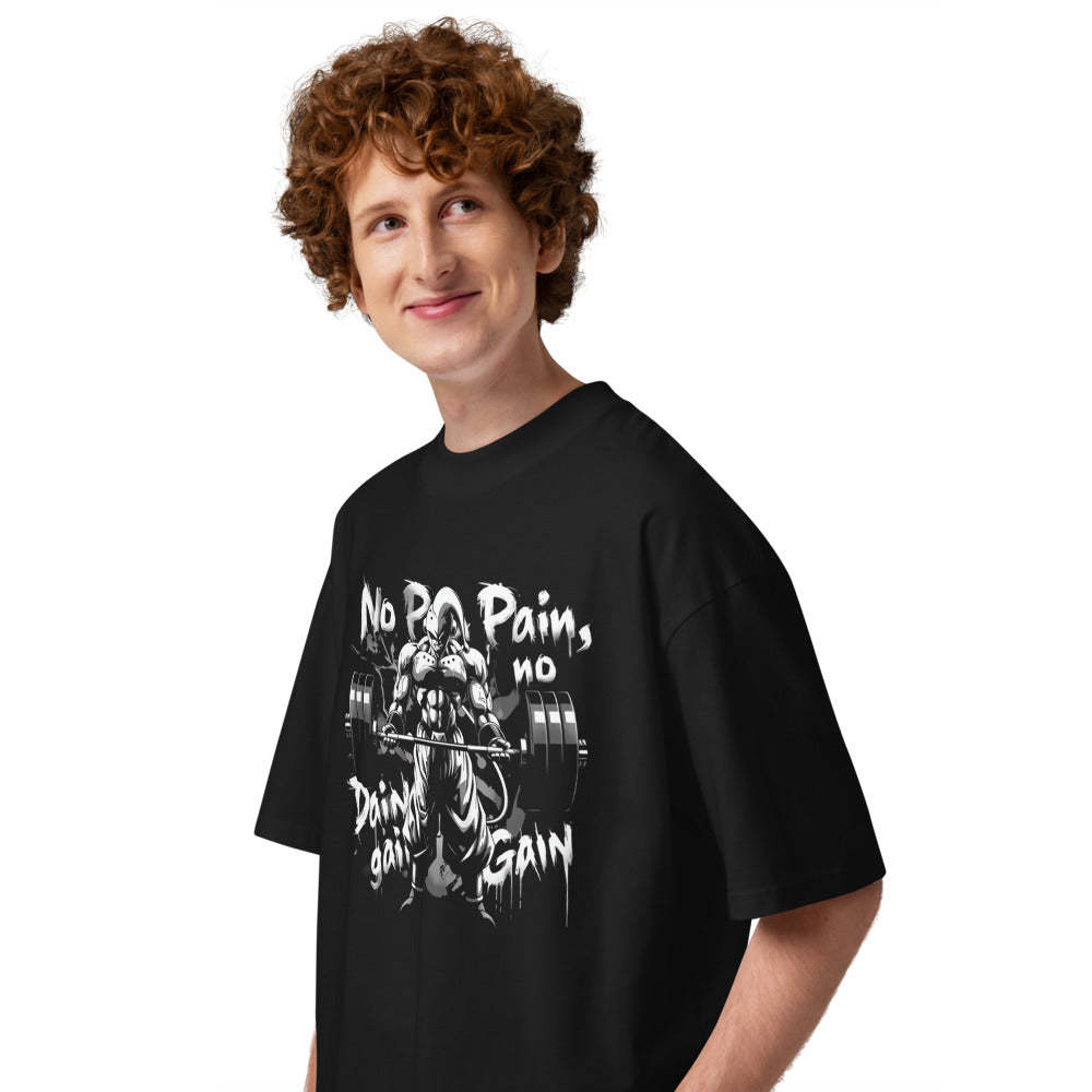No Pain No Gain Gym en playera oversize de gym Gymbros — en modelo masculino, lateral