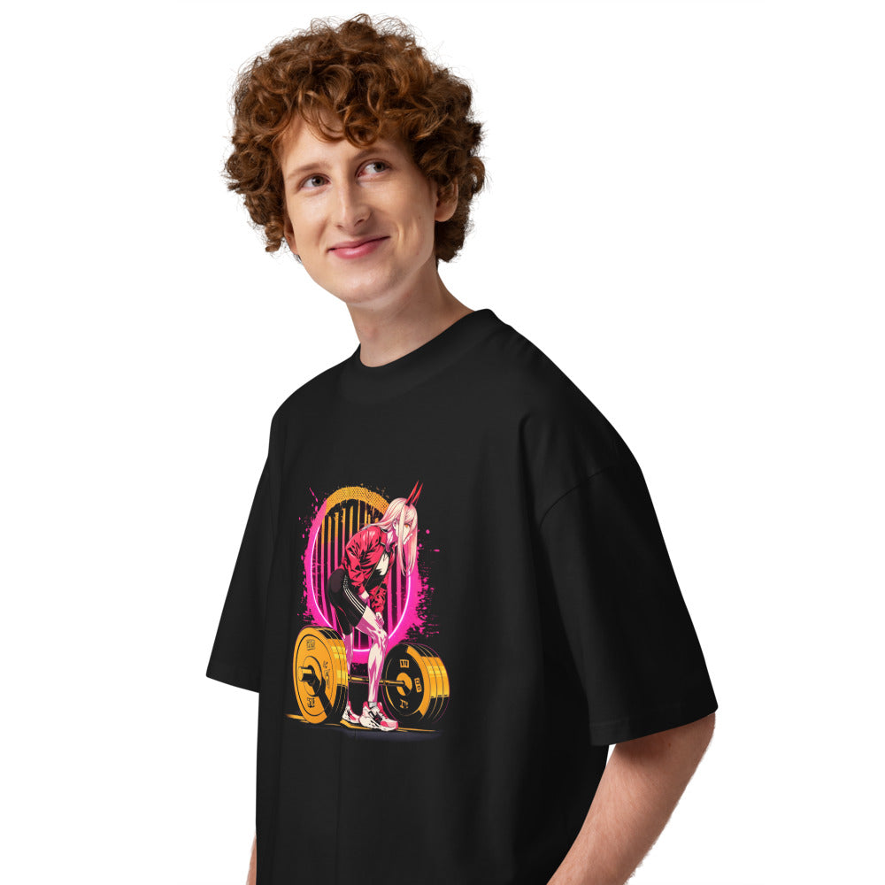 Oni Horn Anime Girl Deadlift Gym en playera oversize de gym Gymbros — en modelo masculino, lateral