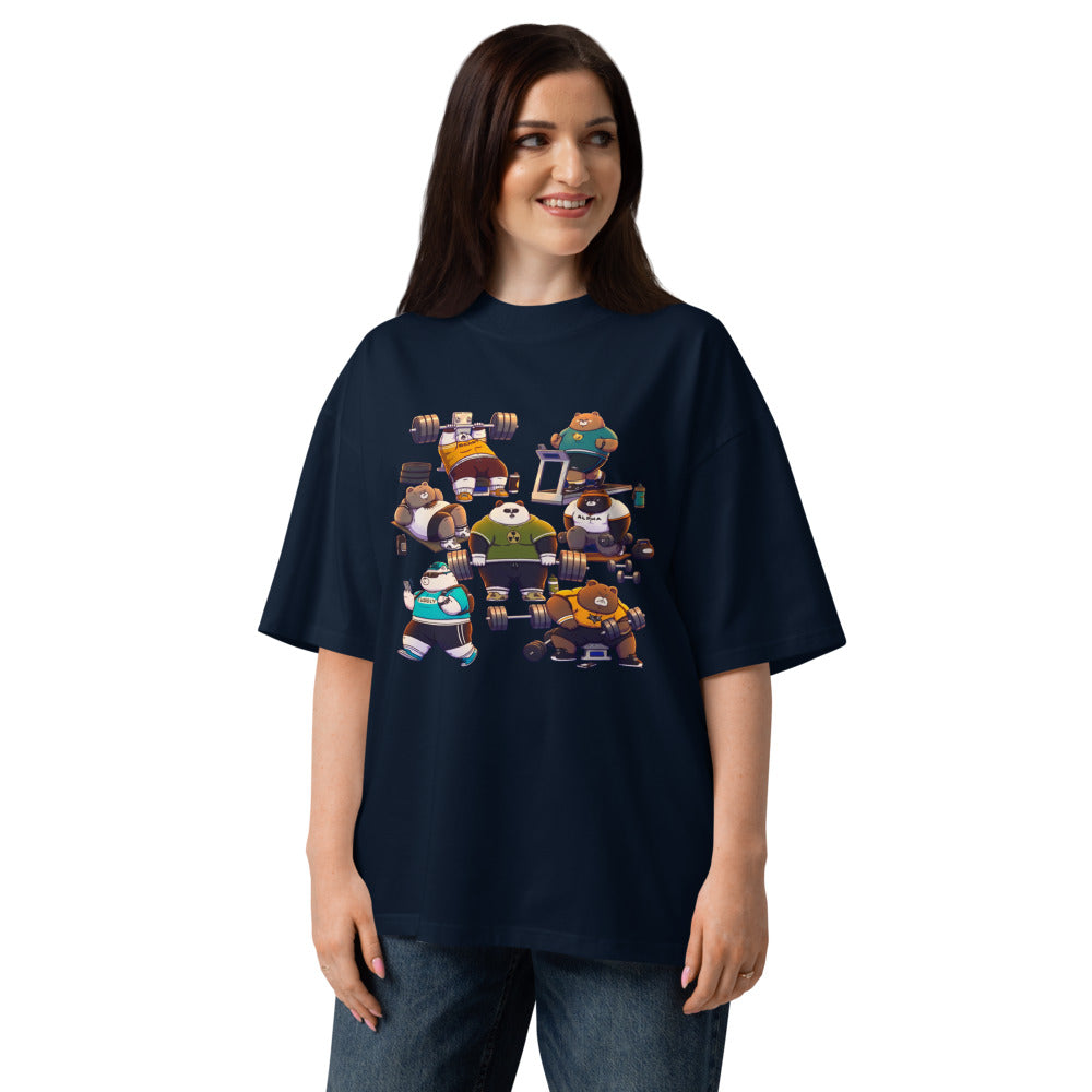 Gym Bears Club en playera oversize de gym Gymbros — modelo femenina usándola
