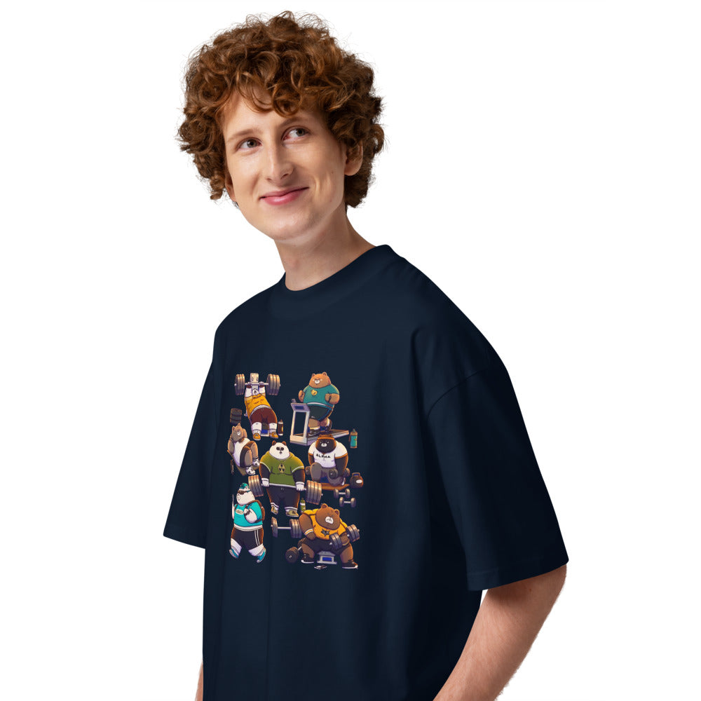 Gym Bears Club en playera oversize de gym Gymbros — modelo masculino de lado