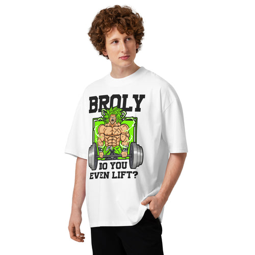 Broly Do You Even Lift Gym en playera oversize de gym Gymbros — en modelo masculino