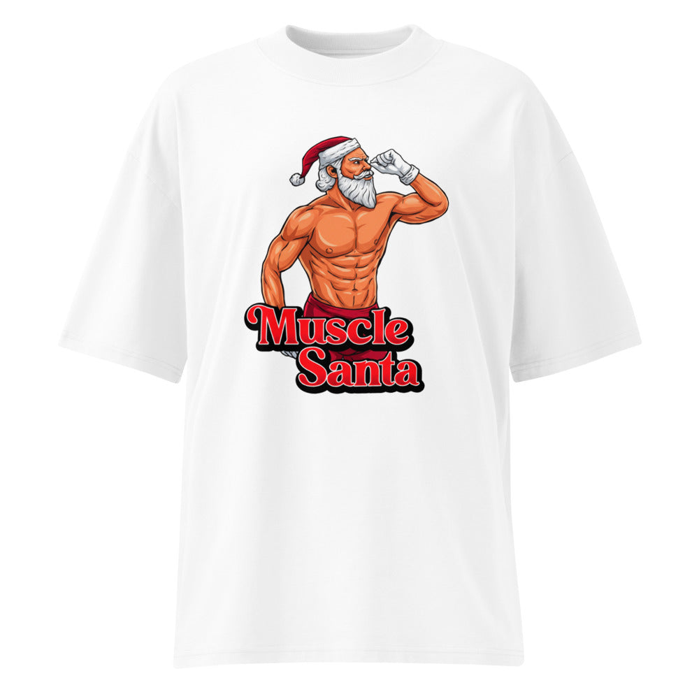 Flex Mode Santa en playera oversize de gym Gymbros — diseño al frente (vista fantasma)