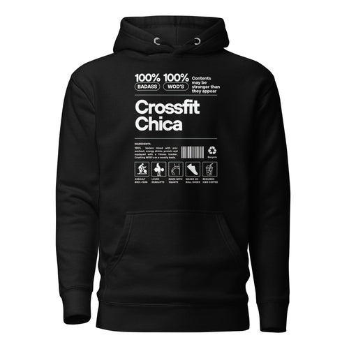 Crossfit Chica Nutrition Label en hoodie de gym Gymbros — diseño al frente