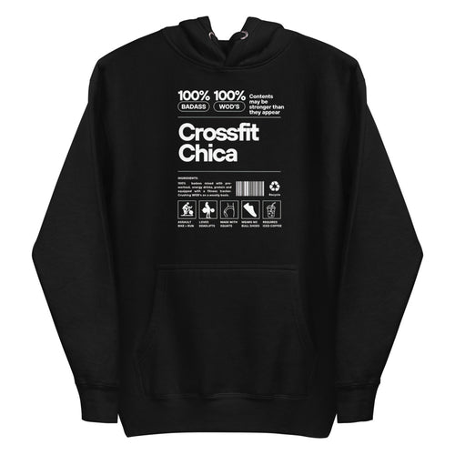 Crossfit Chica Nutrition Label en hoodie de gym Gymbros — plano del producto