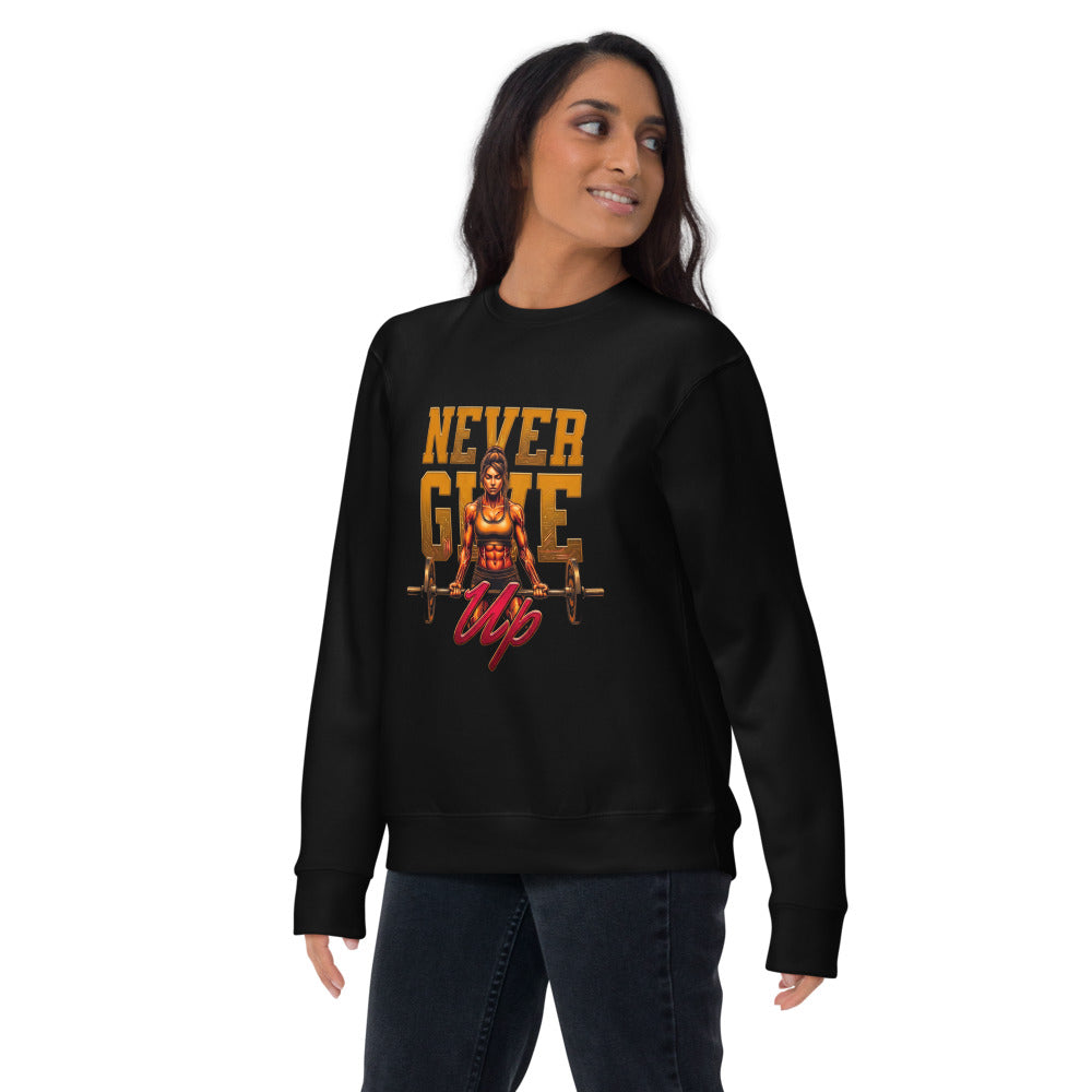 Suéter negro Never Give Up Female Bodybuilder Deadlift lifestyle mujer