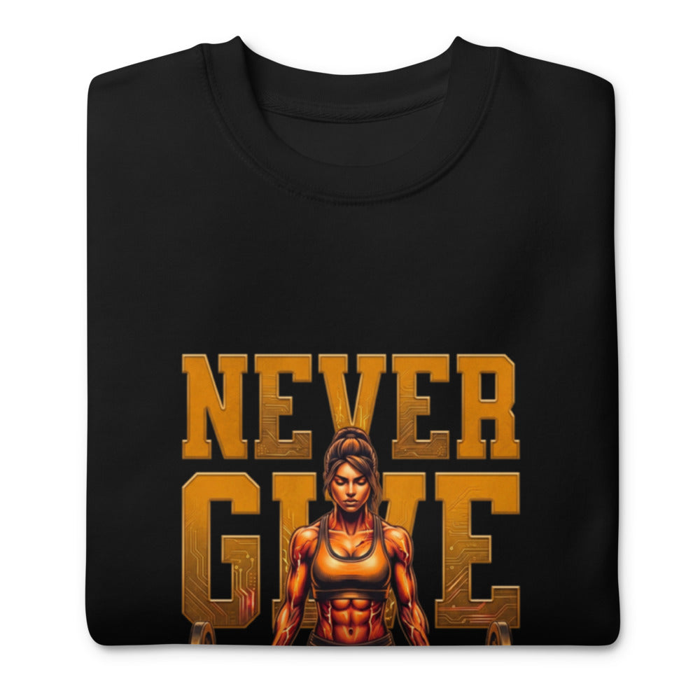 Suéter negro Never Give Up Female Bodybuilder Deadlift doblado