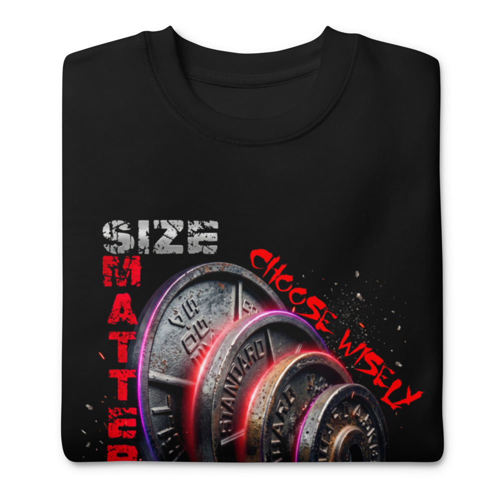 Suéter negro Size Matters Choose Wisely Gym Plates doblado
