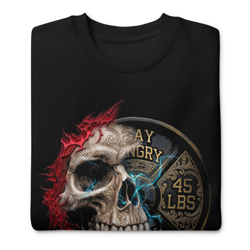 Suéter negro Skull 45 LBS Gym Plate Emblem doblado