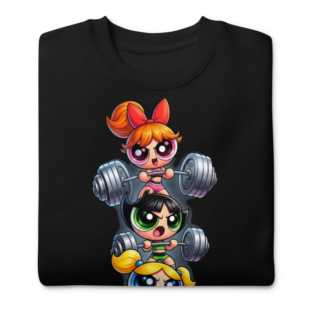 Sugar Spice Power en suéter de gym Gymbros — doblada mostrando el estampado
