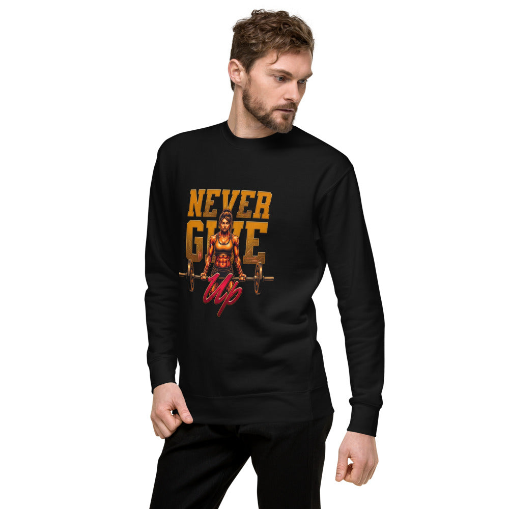 Suéter negro Never Give Up Female Bodybuilder Deadlift lateral izquierdo