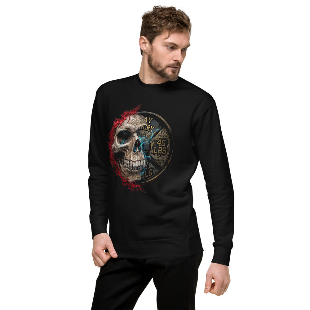 Suéter negro Skull 45 LBS Gym Plate Emblem lateral izquierdo