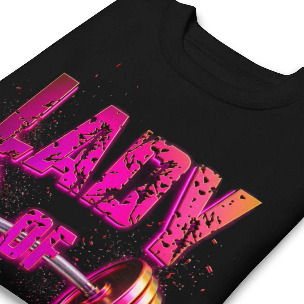 Suéter negro Lady Of Iron Barbell Typography doblado zoom