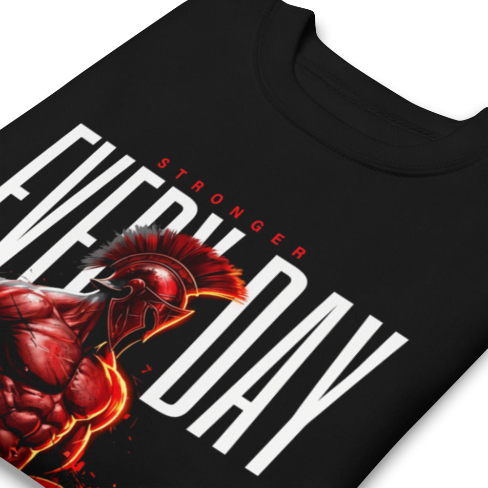 Spartan Strength en suéter de gym Gymbros — detalle del estampado en zoom