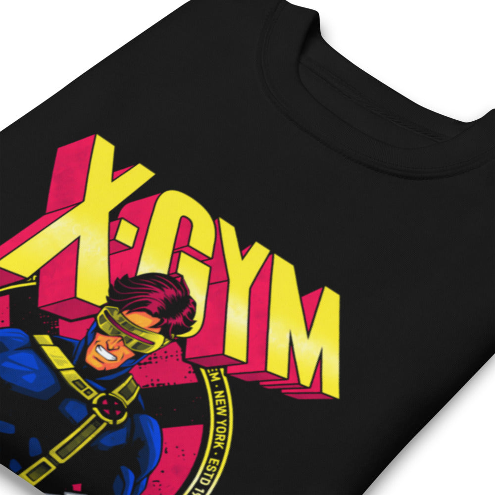 Optic Squad en suéter de gym Gymbros — detalle del estampado en zoom