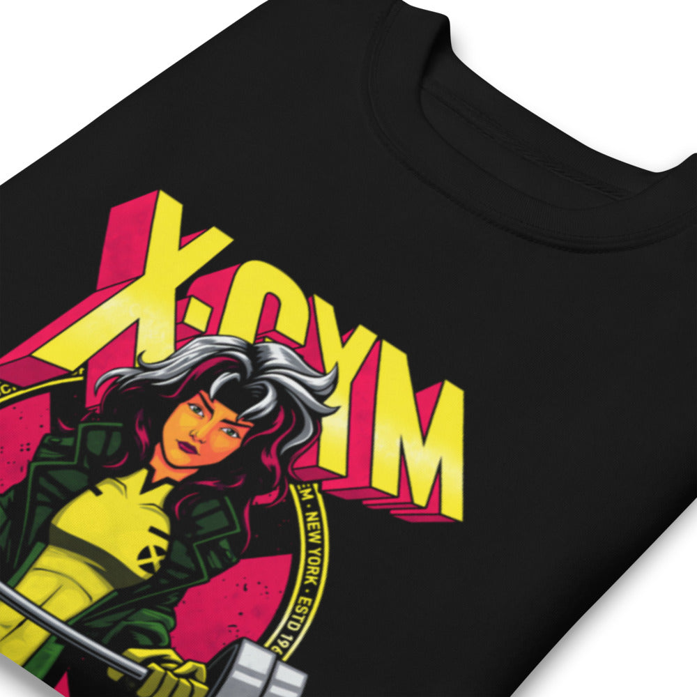 Rebel Squad en suéter de gym Gymbros — detalle del estampado en zoom