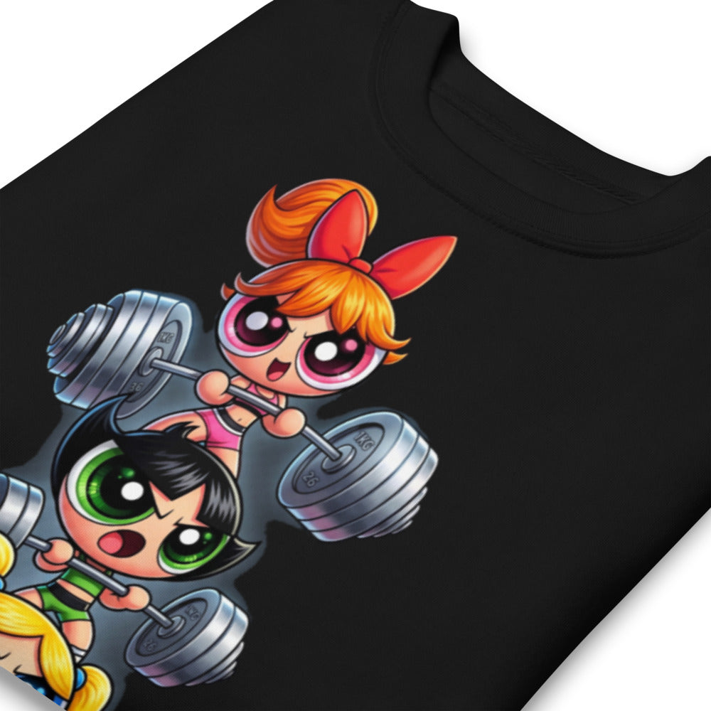 Sugar Spice Power en suéter de gym Gymbros — detalle del estampado en zoom