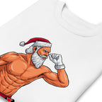 Flex Mode Santa en suéter de gym Gymbros — detalle del estampado en zoom