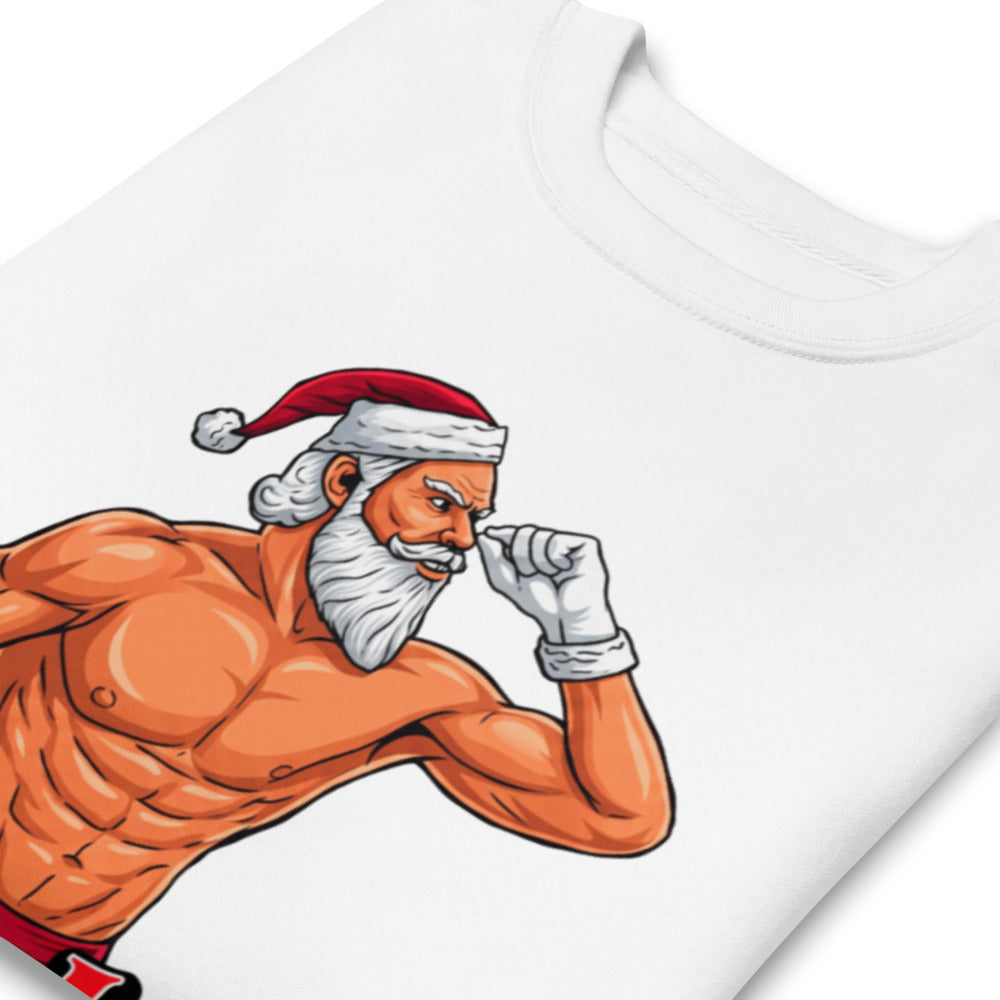 Flex Mode Santa en suéter de gym Gymbros — detalle del estampado en zoom
