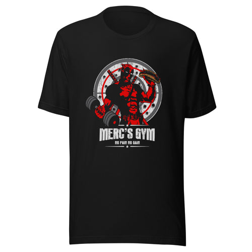 Deadpool Merc Gym No Pain No Gain en playera de gym Gymbros — diseño al frente