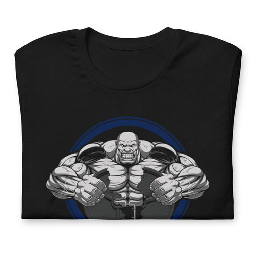 Bodybuilder Muscle Flex Emblem en playera de gym Gymbros — doblada