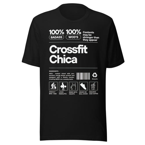 Crossfit Chica Nutrition Label en playera de gym Gymbros — diseño al frente