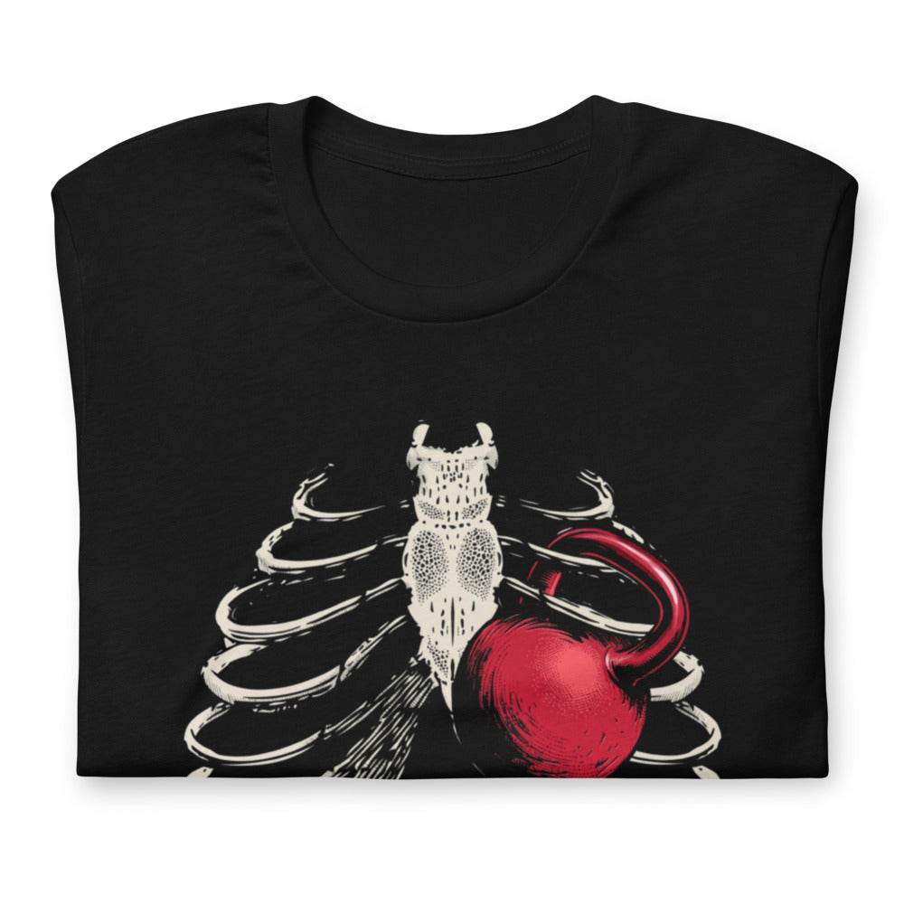 Ribcage Kettlebell en playera de gym Gymbros — doblada mostrando el estampado