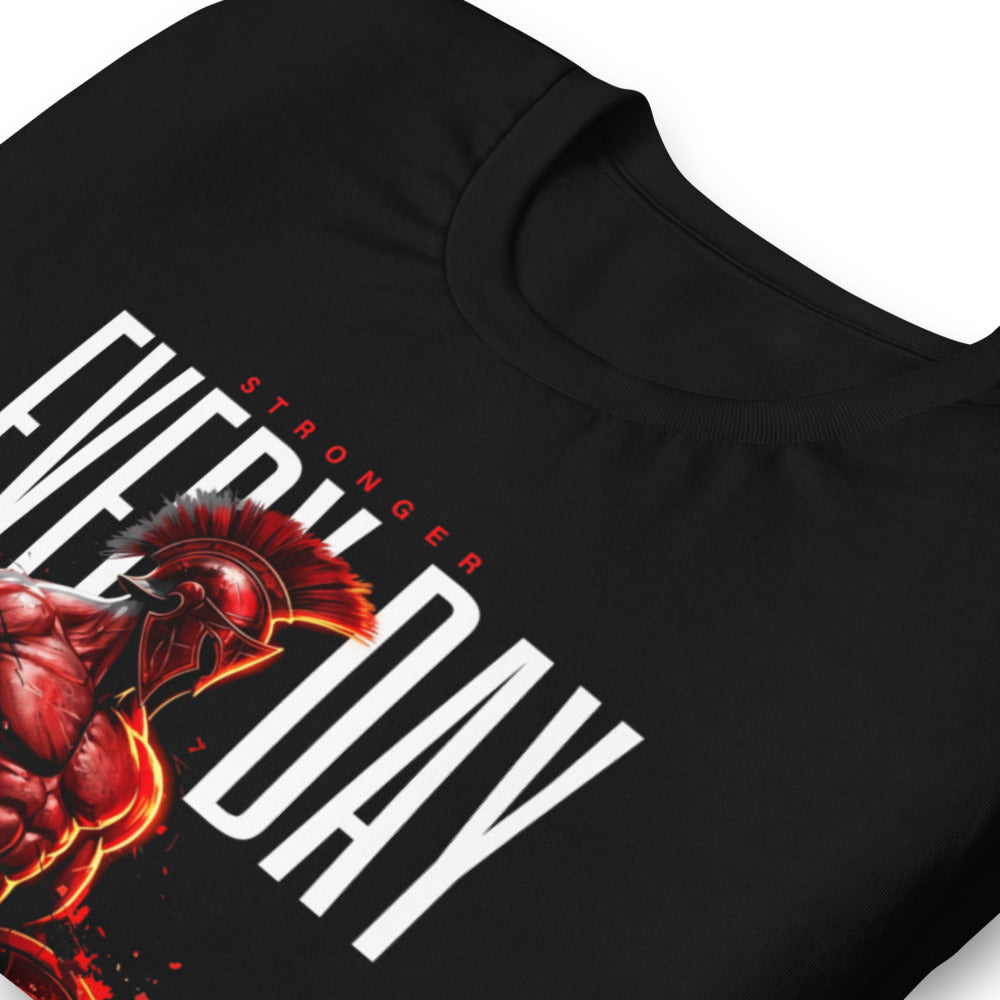 Spartan Strength en playera de gym Gymbros — detalle del estampado en zoom