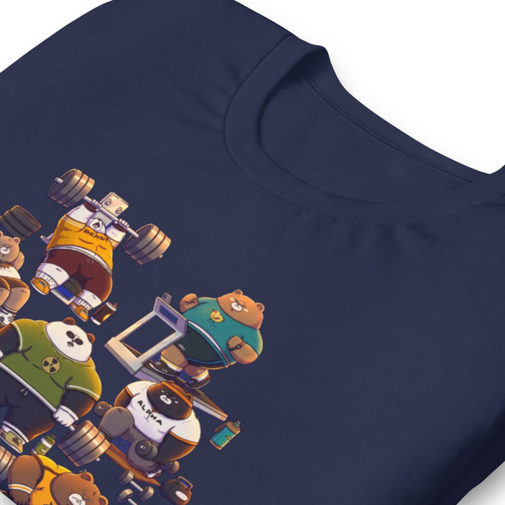 Gym Bears Club en playera de gym Gymbros — detalle del estampado en zoom