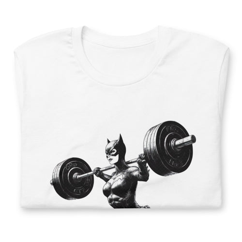 Catwoman Barbell Squat en playera de gym Gymbros — doblada