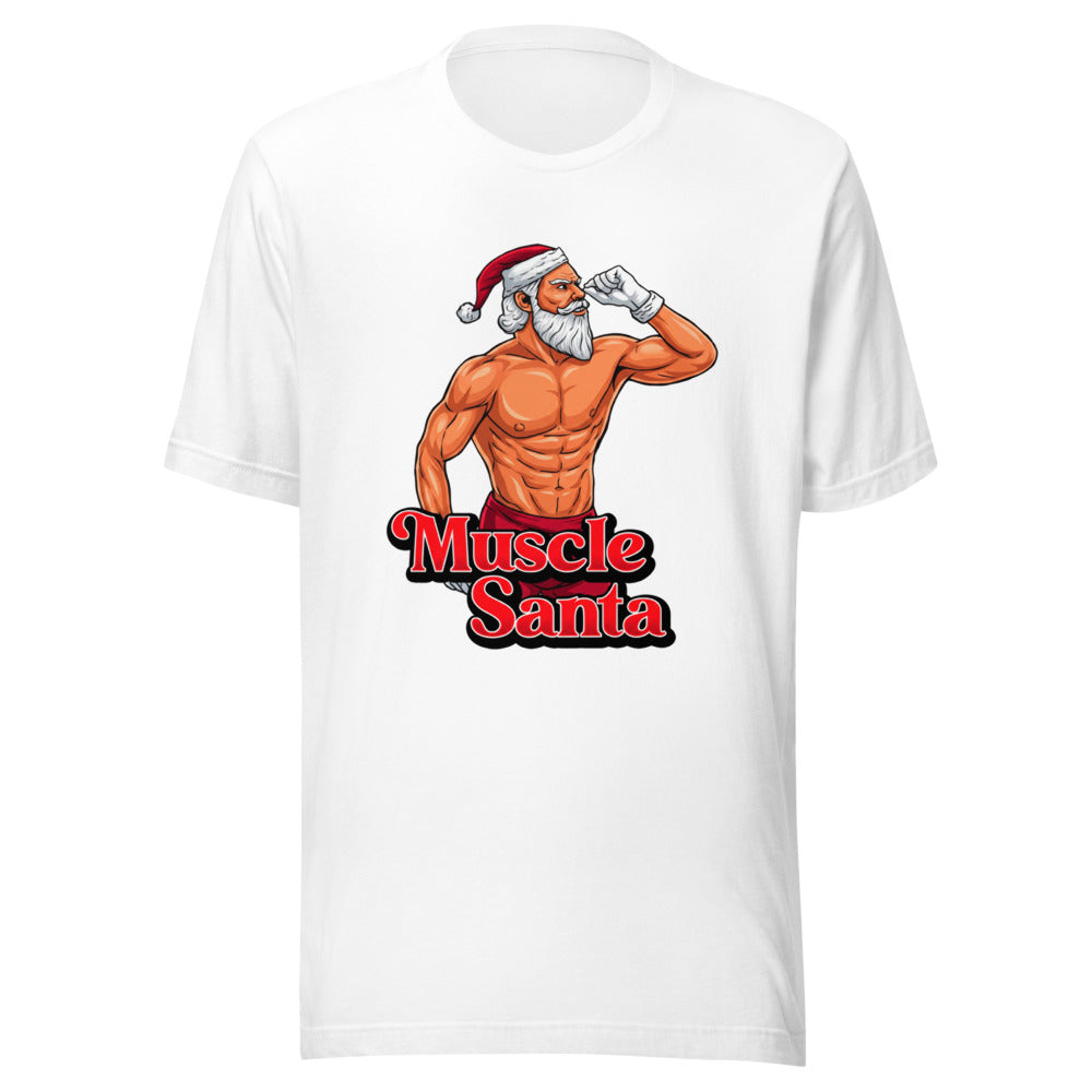 Flex Mode Santa en playera de gym Gymbros — diseño al frente en detalle