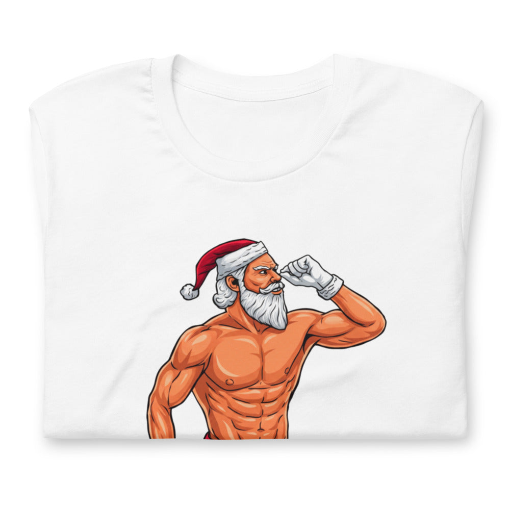 Flex Mode Santa en playera de gym Gymbros — doblada mostrando el estampado
