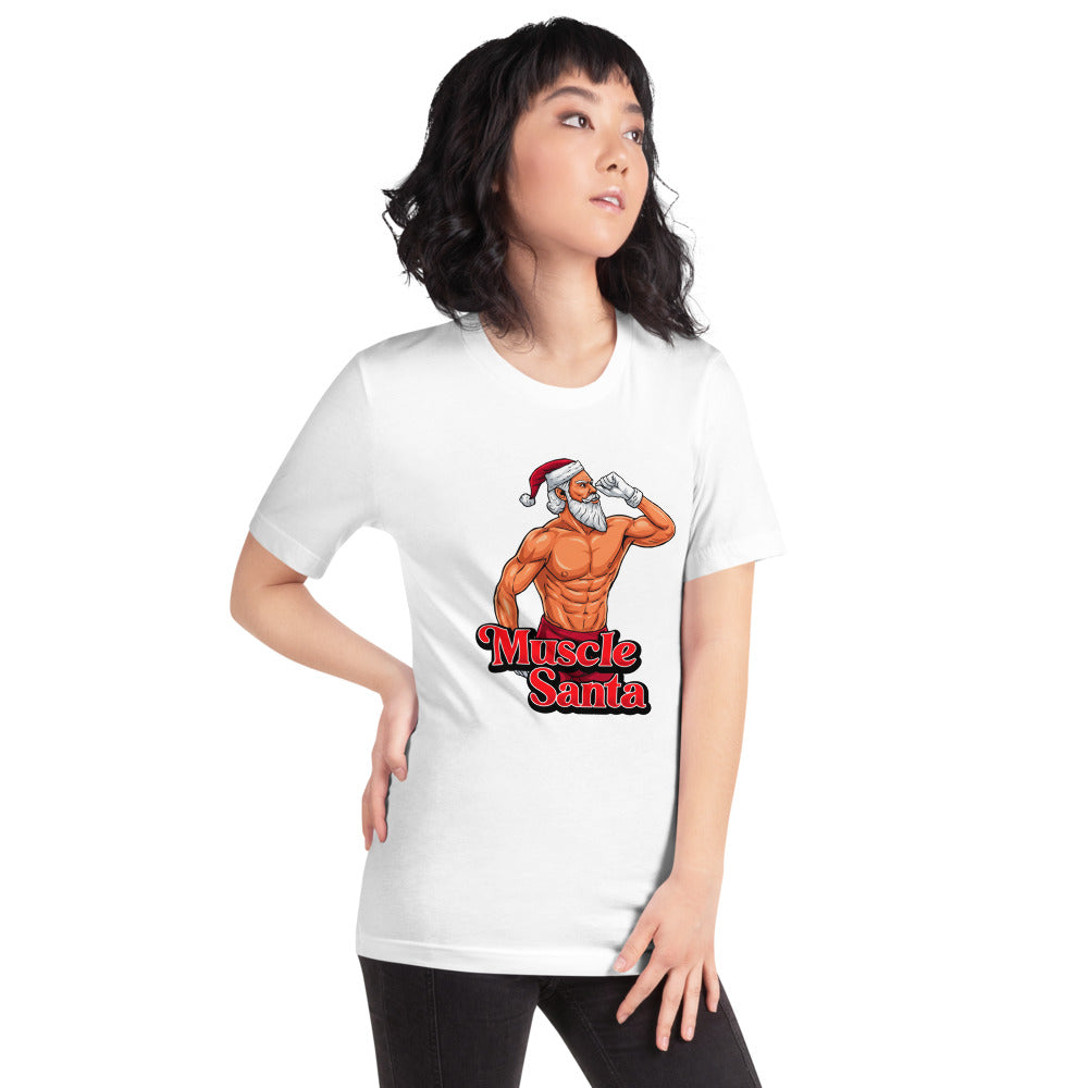 Flex Mode Santa en playera de gym Gymbros — modelo femenina usándola