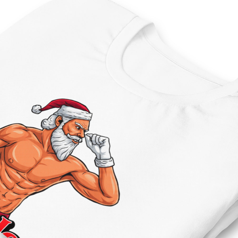 Flex Mode Santa en playera de gym Gymbros — detalle del estampado en zoom